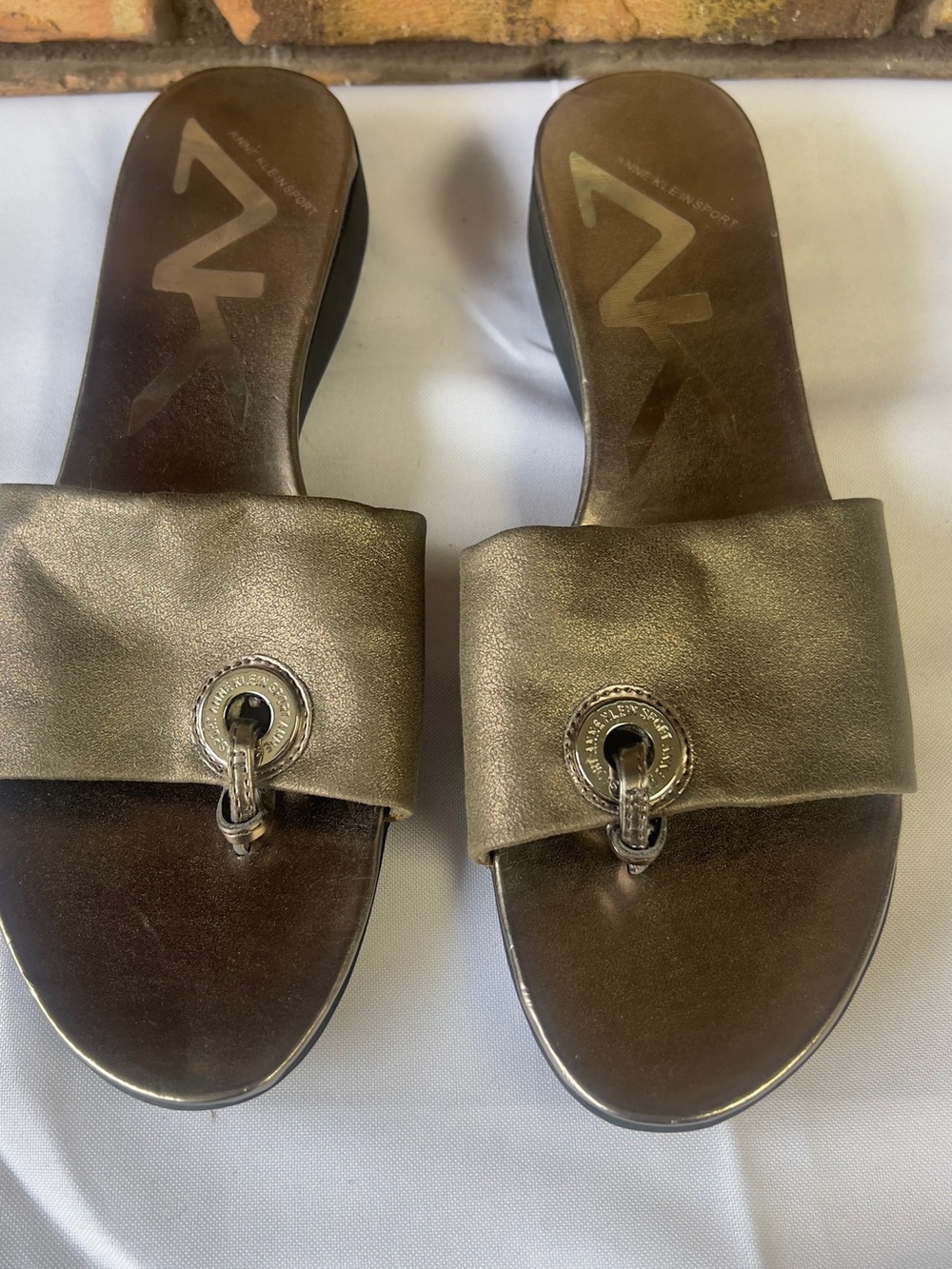 Anne Klein Bronze Metallic Slide Mules with Silver Ring Accent